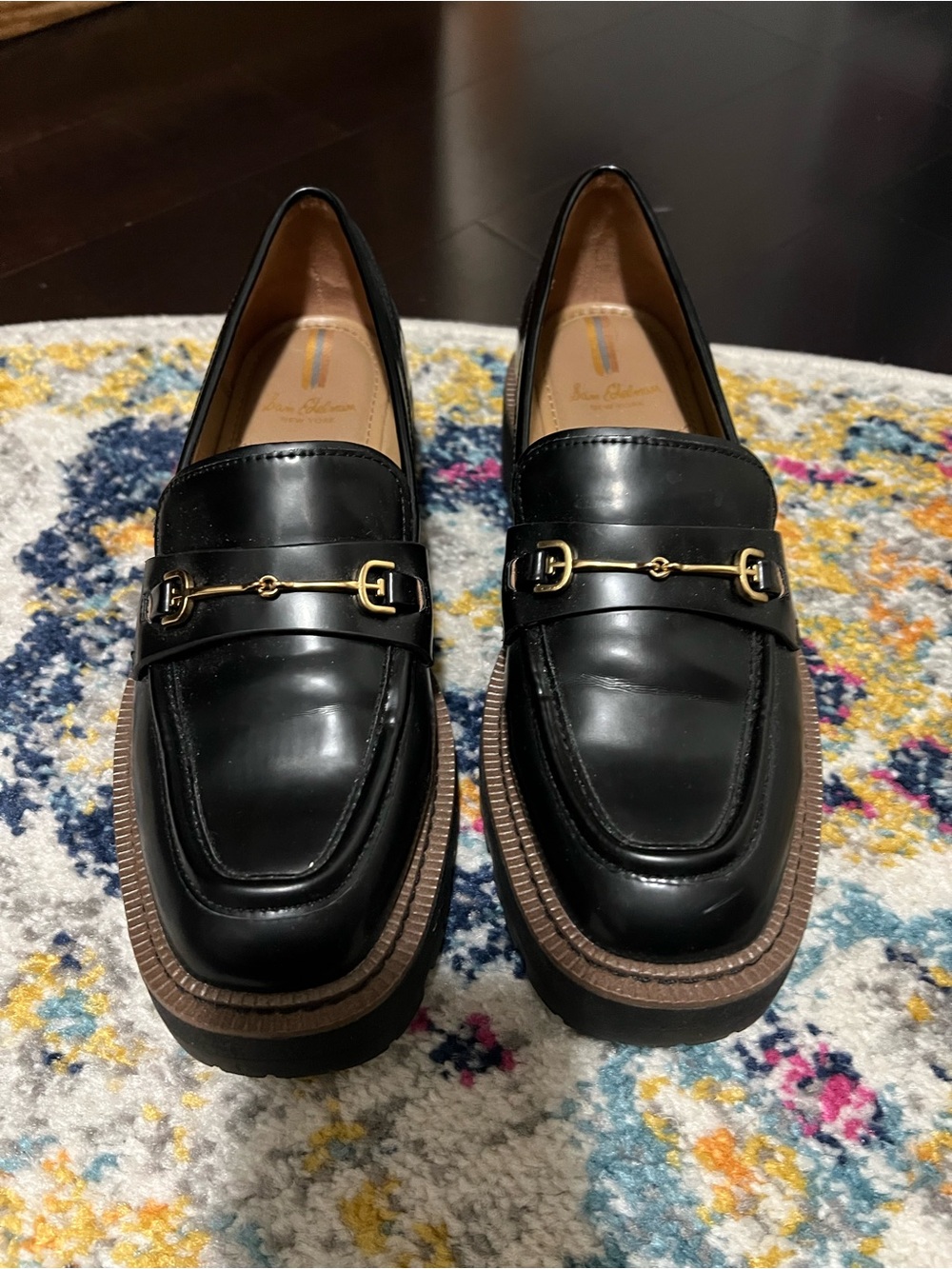 Sam Edelman Black Leather Loafers with Brown Lug Sole and Gold Horsebit